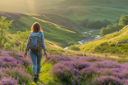 Woman hiking in the heather moorland hills of Yorkshire Dales National Park in Englandの素材