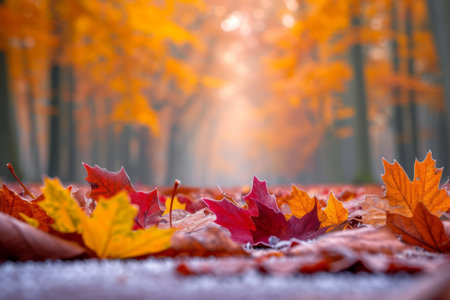 Colorful fallen leaves on the ground in autumnの素材
