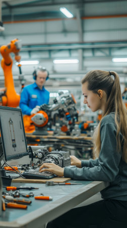 A woman is working on a computer in a factory while a robot is working in the backgroundの素材