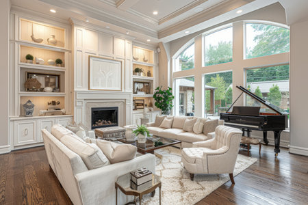 Elegant living room with fireplace, piano and lots of natural lightの素材