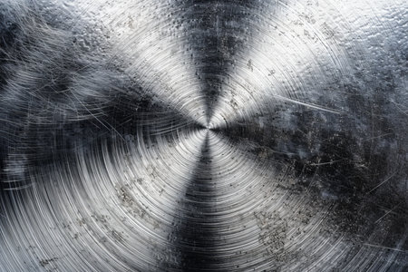 Close-up image of a shiny metal surface with circular scratchesの素材