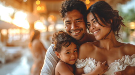 Happy family of three smiling togetherの素材