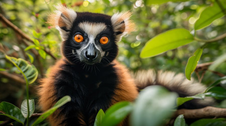A red-fronted lemur staring at the camera with a curious expression on its faceの素材
