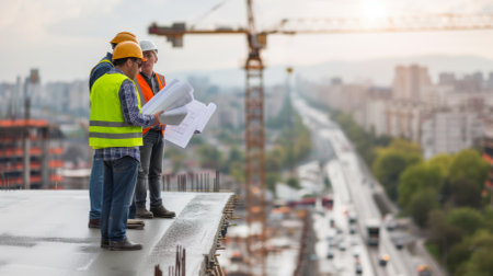 Three construction workers in hard hats looking at blueprints on a rooftopの素材