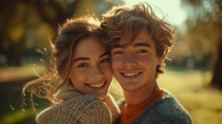 Young couple smiling and posing for a photo in a parkの素材