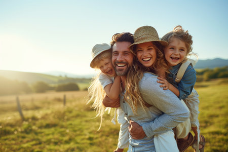 Happy family of four walking in a field on a sunny dayの素材