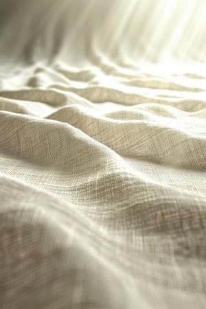 Close-up of a crumpled light beige linen fabric with a soft focusの素材