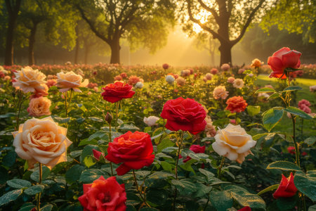 Stunning Close-up of Roses in Full Bloom in a Field of Flowersの素材