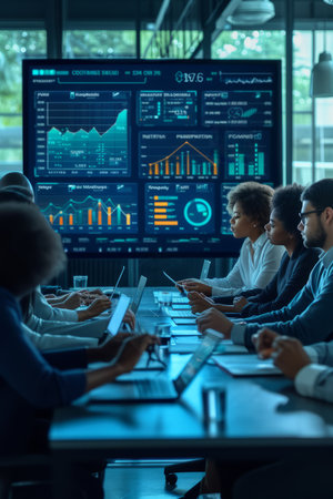 Diverse group of business professionals in a meeting discussing data and strategies in front of a large digital screenの素材