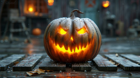 Glowing Pumpkin on Porch at Nightの素材