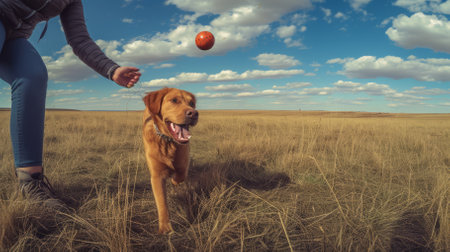 A woman throwing a ball for her golden retriever to fetch in a grassy fieldの素材