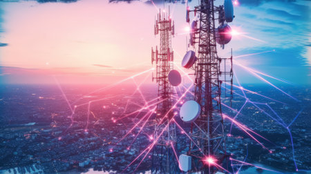 Telecommunication towers with bright pink and blue sky backgroundの素材