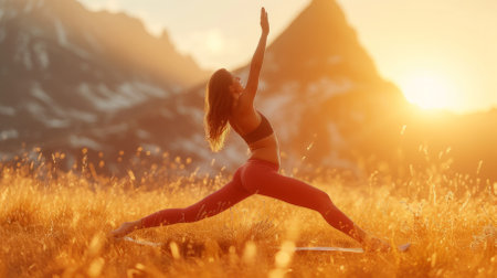 Woman practicing yoga in a field of tall grass at sunsetの素材
