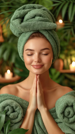 Young woman wrapped in a towel with a blissful expression on her faceの素材