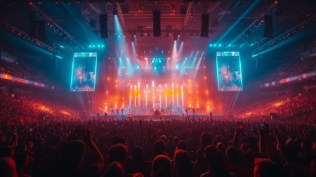 Stage with bright lights and crowd of peopleの素材