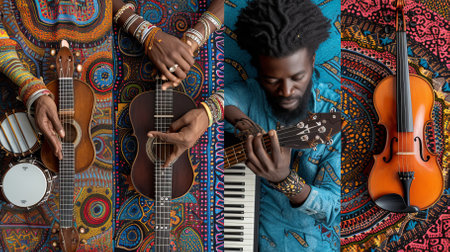 A musician playing a ukulele, a violin, and a keyboardの素材
