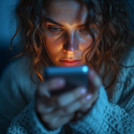 Young woman using smartphone in dark roomの素材
