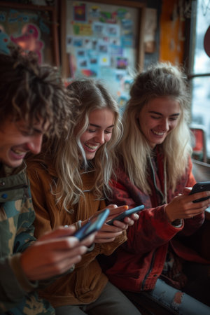 Three young friends sitting on a couch and looking at their phonesの素材