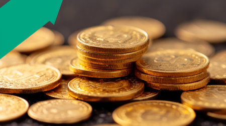 Stack of gold coins with green arrow pointing upの素材