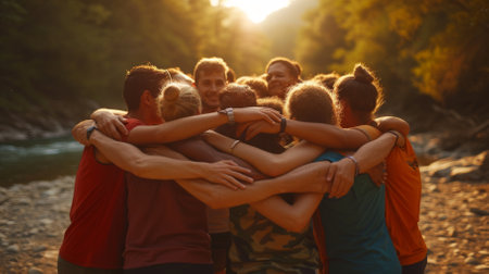 Group of diverse friends embracing in a circle outdoors with a river in the backgroundの素材
