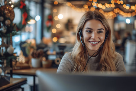 Portrait of a smiling young woman with a headset working in a festive decorated officeの素材