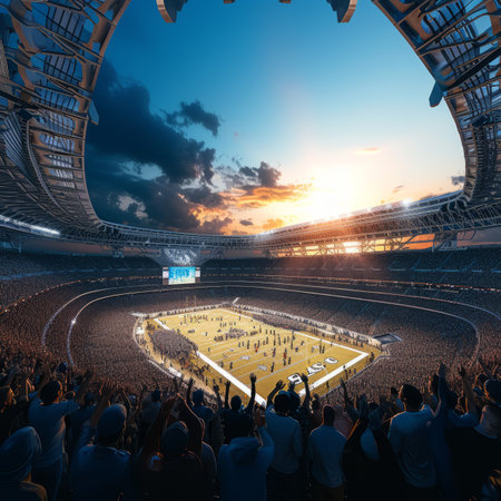 American football game at a large stadium with a closed roofの素材