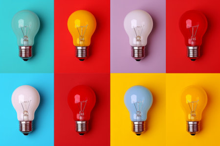 Red, Blue, Yellow, and White Light Bulbs on Different Colored Backgroundsの素材