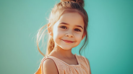 Portrait of a happy little girl with brown hair and brown eyesの素材