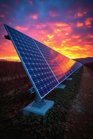 A field of solar panels at sunsetの素材