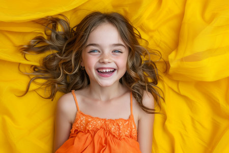 Portrait of a happy young girl with freckles and long brown hair wearing an orange dress lying on a yellow clothの素材