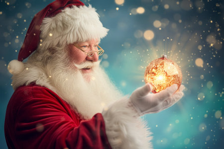 Santa Claus holding a glowing Christmas ballの素材