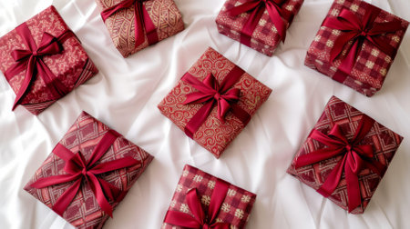 Top view of beautifully wrapped presents with red ribbonsの素材