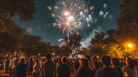 People watching fireworks in the night skyの素材