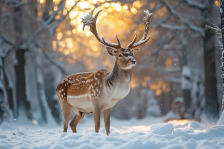 A majestic deer stands in the snow-covered forestの素材
