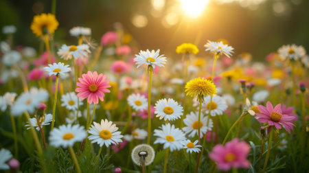 Field of daisies and dandelions in sunlightの素材