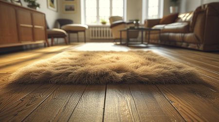 A shaggy brown fur carpet on a wooden floor in a homeの素材