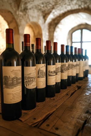 A collection of red wine bottles on a wooden table in a wine cellarの素材