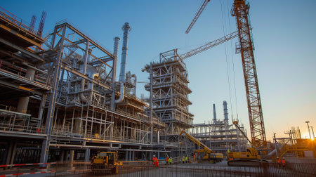 Construction workers in hard hats working at a construction site with a large crane in the backgroundの素材