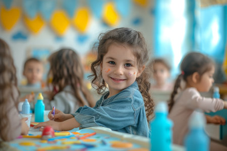 Preschool children are drawing in the classroomの素材
