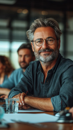 Portrait of a middle-aged man with grey hair and beard wearing glasses and a blue shirt sitting at a conference table with colleagues in the backgroundの素材