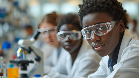 Three young scientists wearing lab coats and safety goggles in a laboratoryの素材