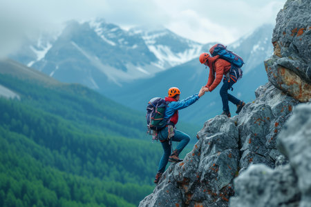 Two men rock climbing on a mountainの素材