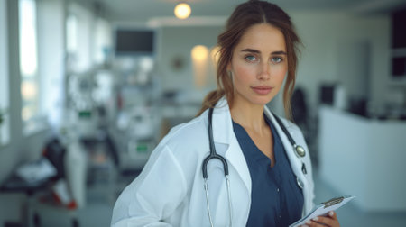 Portrait of a confident female doctor in a modern hospitalの素材