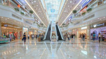 People walking in a large shopping mall with escalators and glass railingsの素材