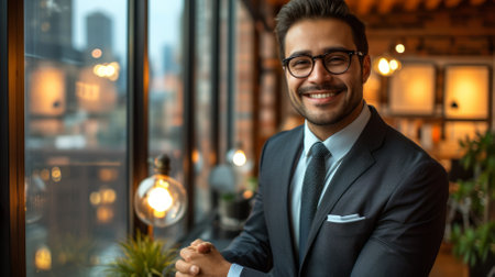 A young professional man in a suit and glasses is smiling and looking at the camera.の素材