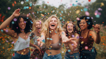 carefree young women celebrating with confetti in natureの素材