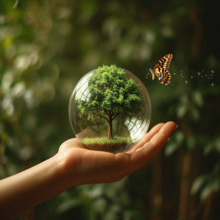 A hand holding a glass sphere with a tree inside and a butterfly flying around itの素材