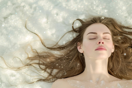 Young woman lying in the snow with her eyes closed and her hair spread out around herの素材