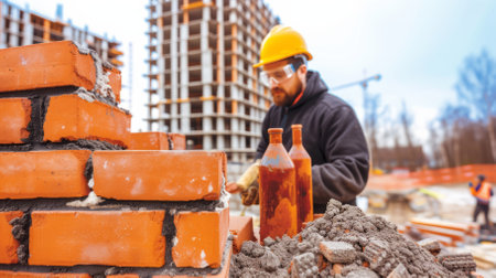 Construction worker laying bricks at a building siteの素材