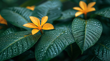 Raindrops on the leaves with yellow flowerの素材